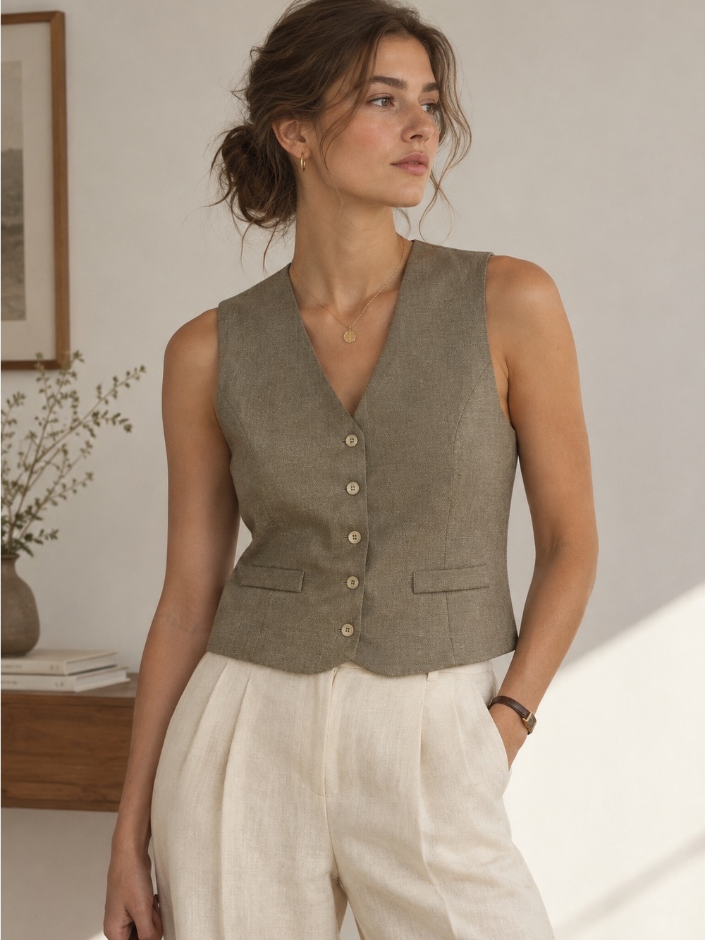 Vintage Tan Linen Vest Tailored Waistcoat Back Strap Minimalist Preppy Chic
